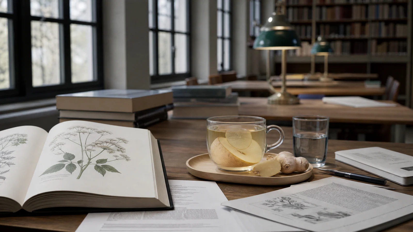 Un libro botánico abierto, papeles, cuadernos y una taza de té de limón y jengibre están sobre una mesa de biblioteca de madera.