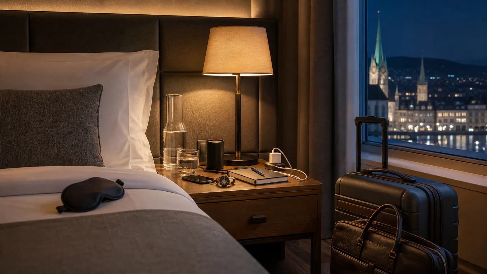 Una habitación de hotel con una cama, una máscara para los ojos, una mesita de noche iluminada, una maleta y una bolsa de mano junto a una ventana con vistas a una ciudad por la noche.