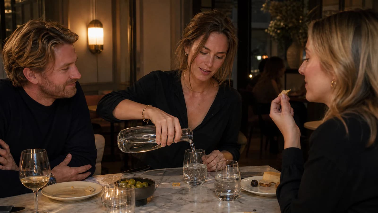 Tres adultos se sientan en una mesa de restaurante mientras una mujer vierte agua desde una jarra de vidrio y otra come mientras un hombre observa.