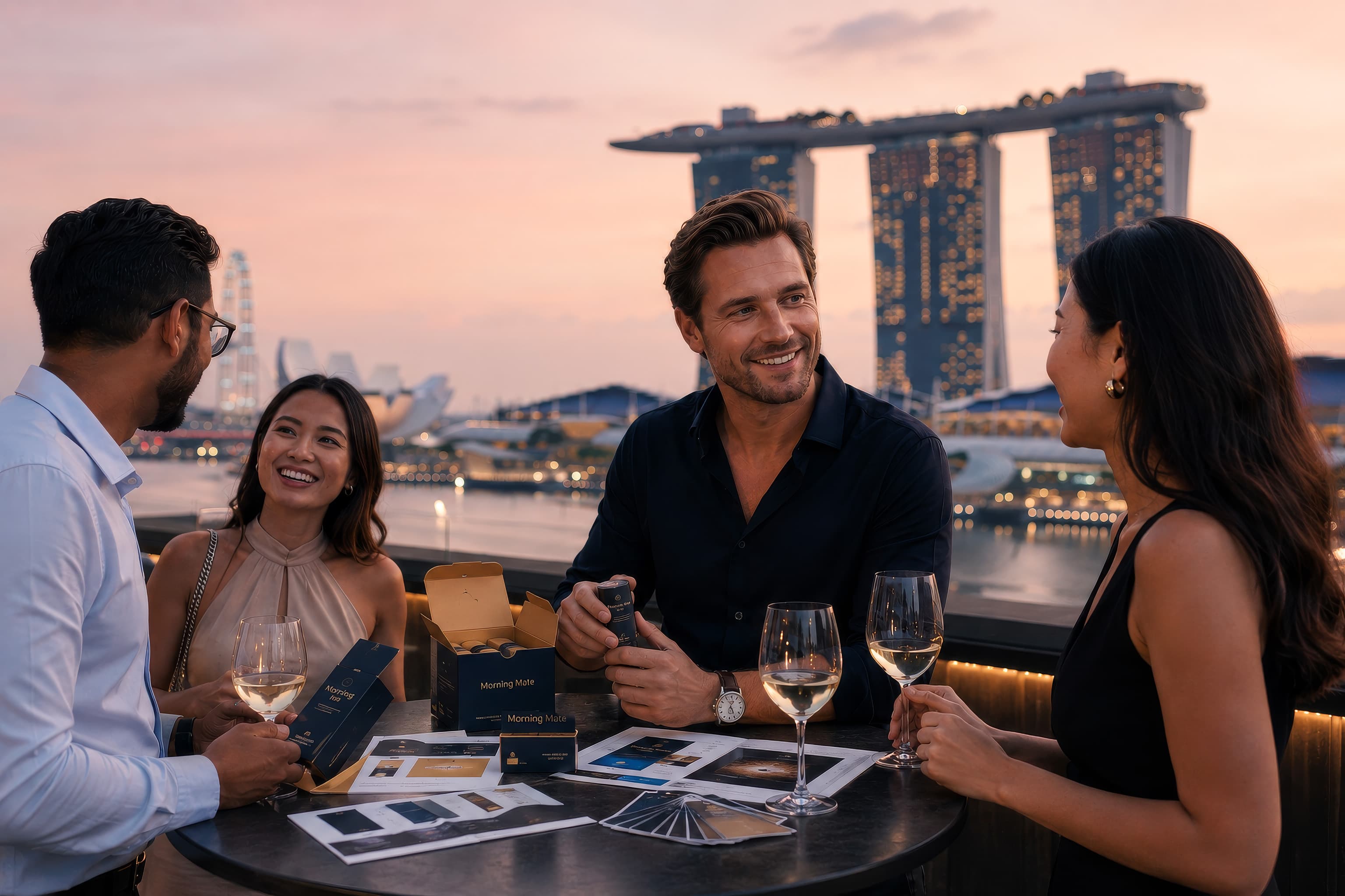 Cuatro personas conversan sobre la marca Morning Mate con Marina Bay Sands al fondo