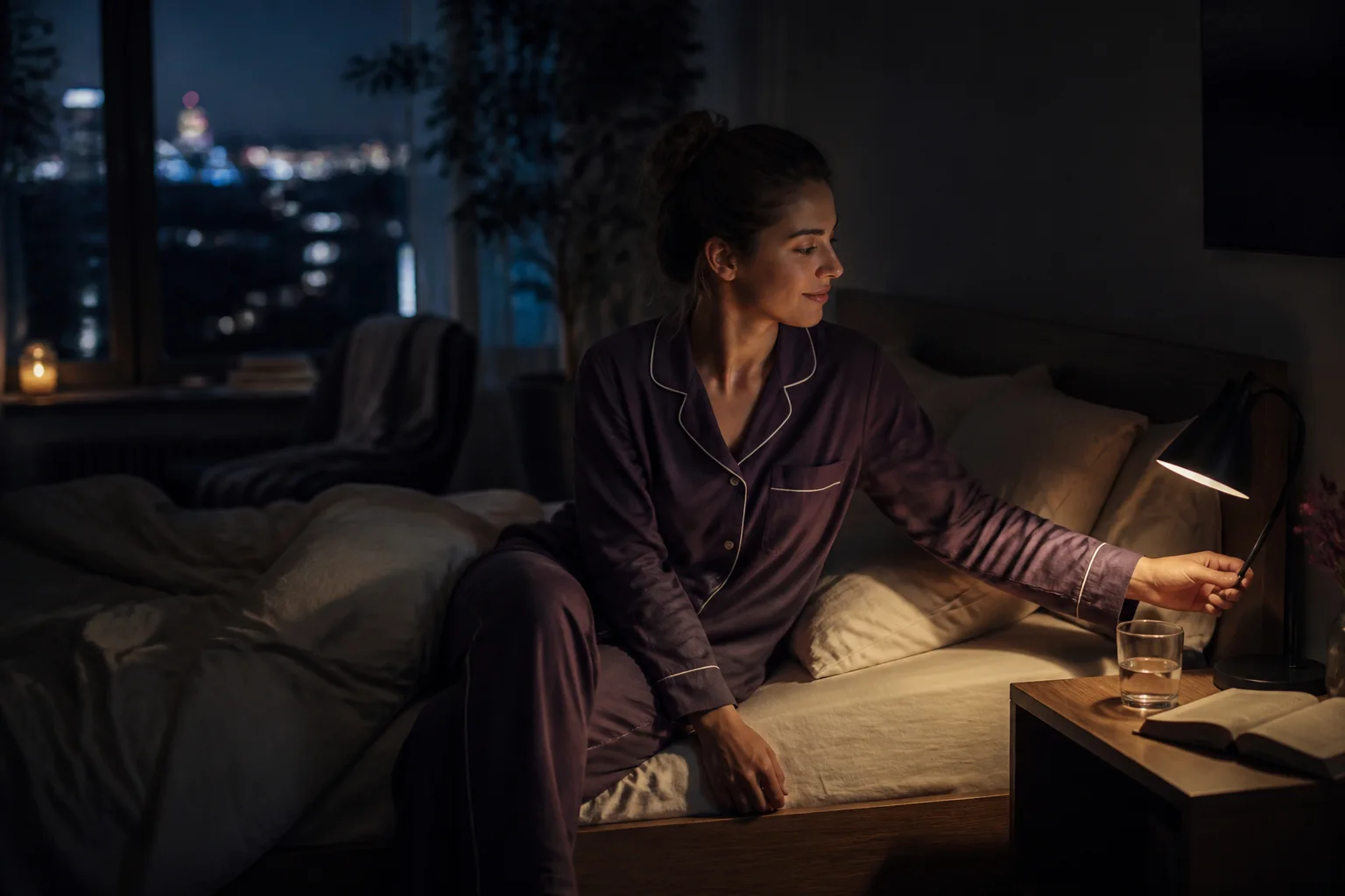 Adulta apaga una lámpara de noche durante una rutina nocturna tranquila